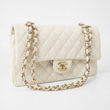 CHANEL Handbag 21A White/ Ivory Caviar Quilted Classic Flap Medium Light Gold Hardware - Redeluxe