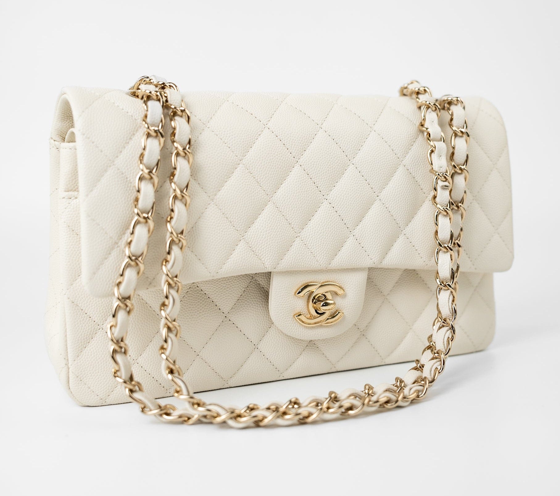 CHANEL Handbag 21A White/ Ivory Caviar Quilted Classic Flap Medium Light Gold Hardware - Redeluxe