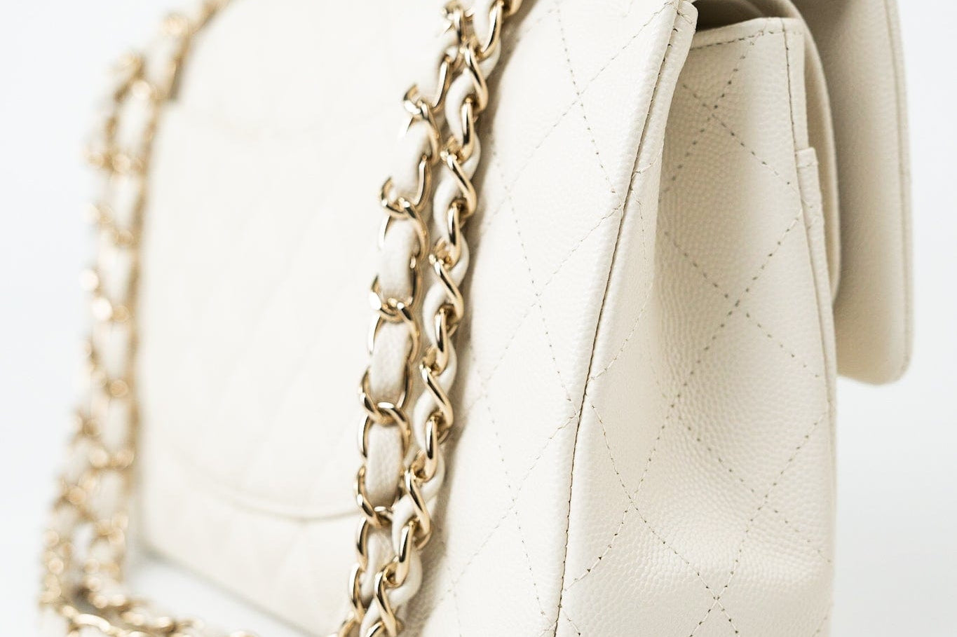 CHANEL Handbag 21A White/ Ivory Caviar Quilted Classic Flap Medium Light Gold Hardware - Redeluxe