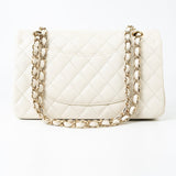 CHANEL Handbag 21A White/ Ivory Caviar Quilted Classic Flap Medium Light Gold Hardware - Redeluxe