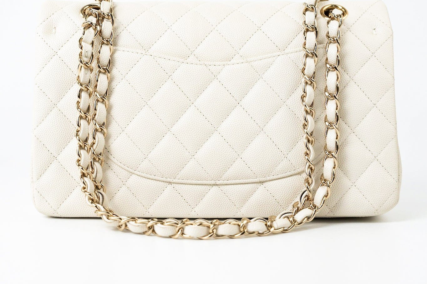 CHANEL Handbag 21A White/ Ivory Caviar Quilted Classic Flap Medium Light Gold Hardware - Redeluxe