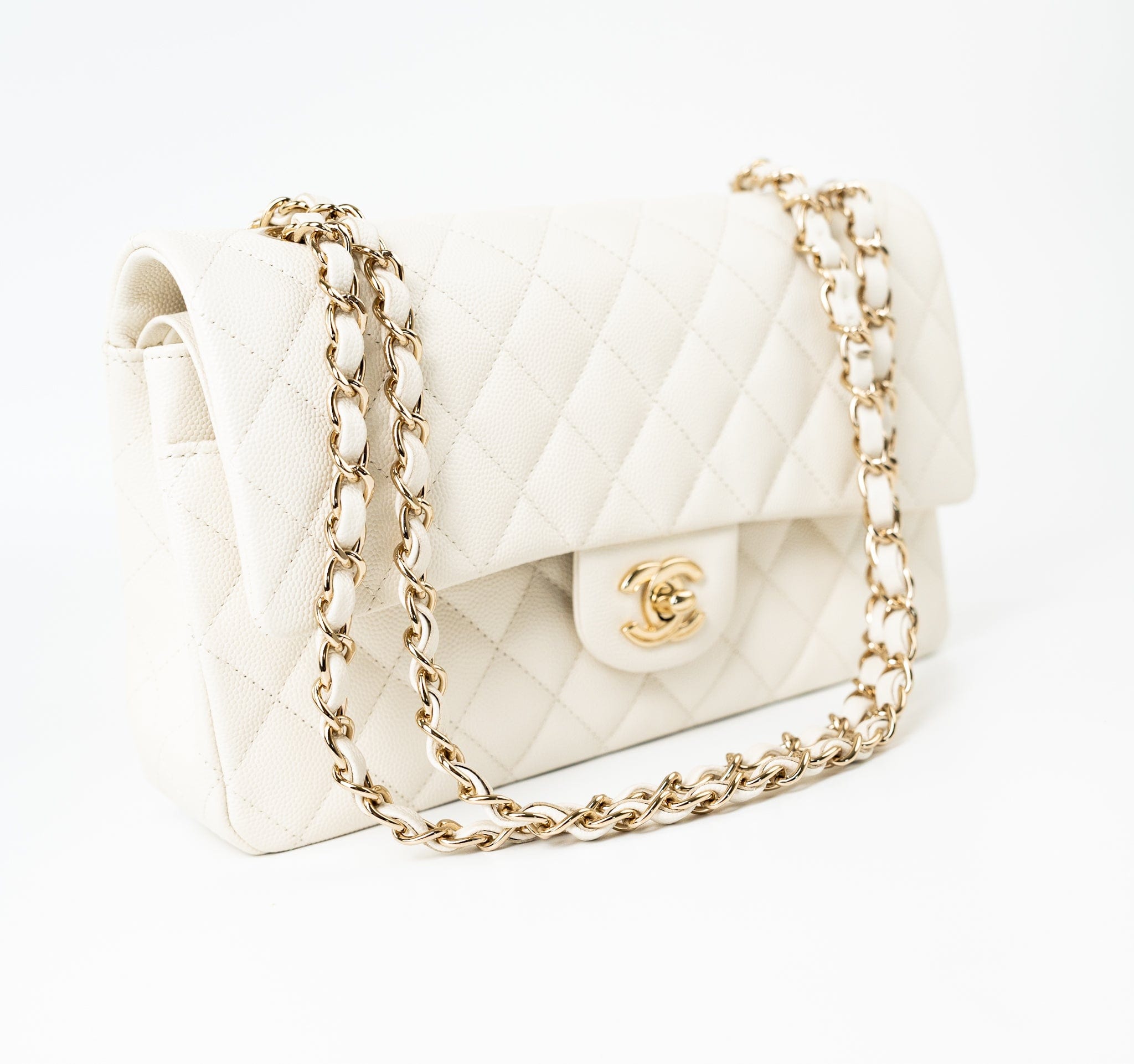 CHANEL Handbag 21A White/ Ivory Caviar Quilted Classic Flap Medium Light Gold Hardware - Redeluxe