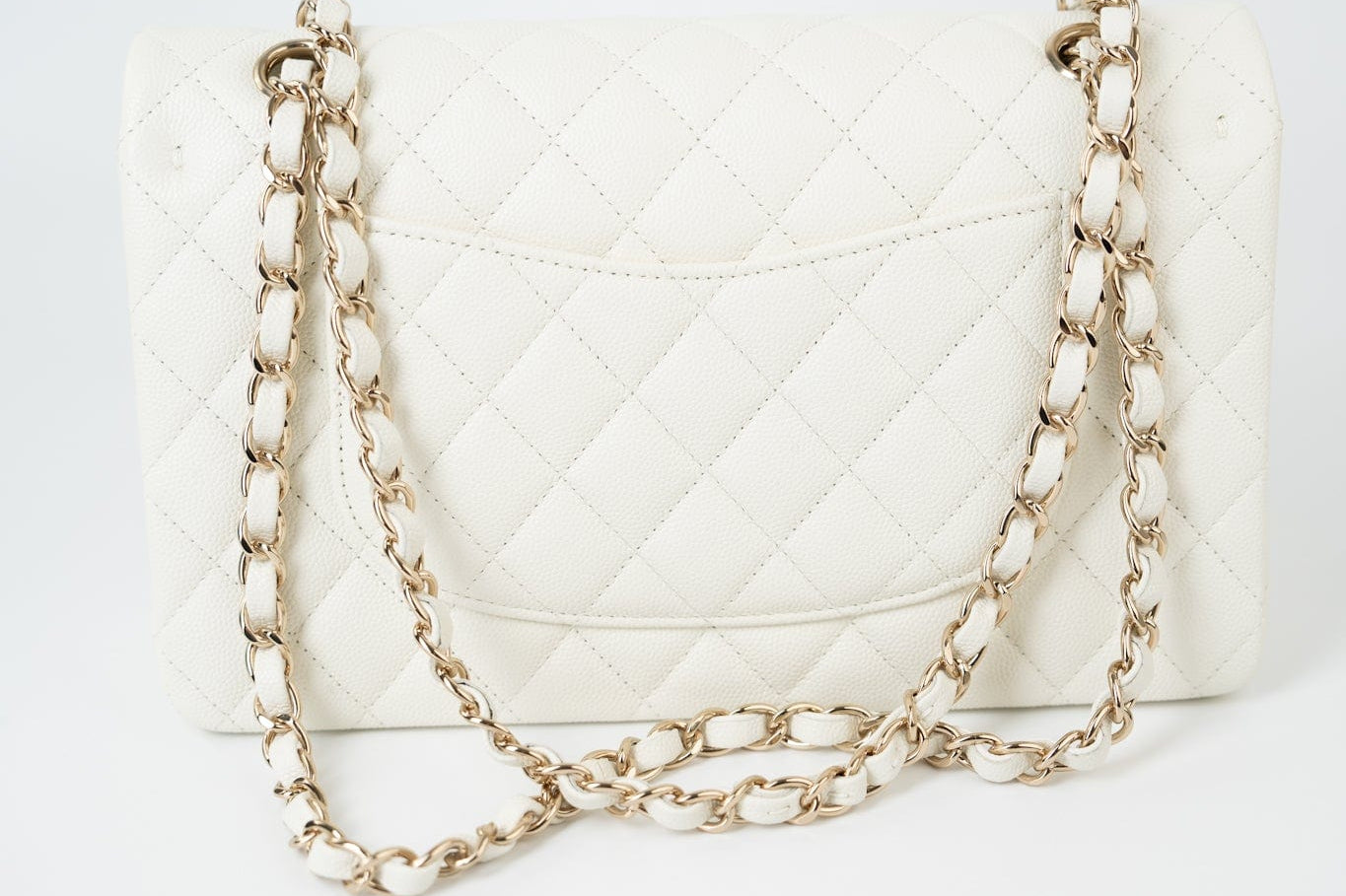 CHANEL Handbag 21A White/ Ivory Caviar Quilted Classic Flap Medium Light Gold Hardware - Redeluxe
