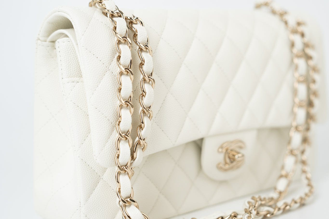 CHANEL Handbag 21A White/ Ivory Caviar Quilted Classic Flap Medium Light Gold Hardware - Redeluxe