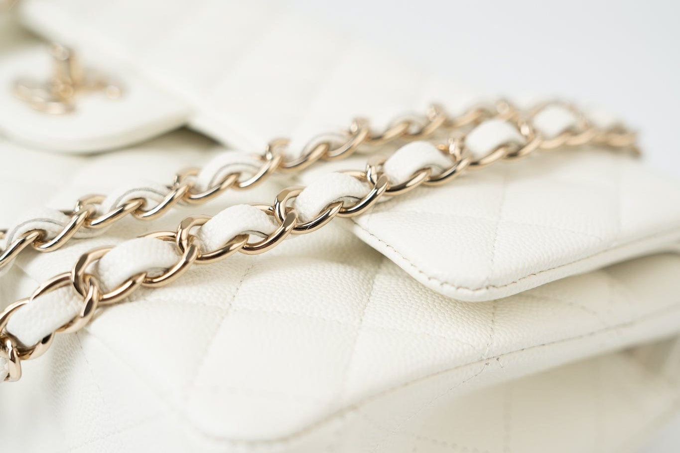 CHANEL Handbag 21A White/ Ivory Caviar Quilted Classic Flap Medium Light Gold Hardware - Redeluxe