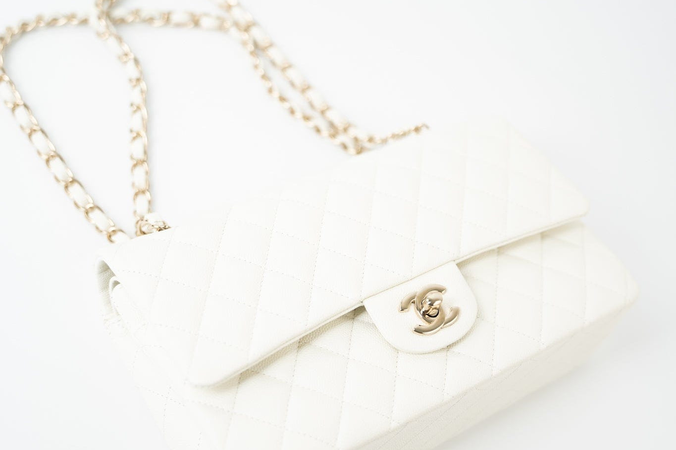 CHANEL Handbag 21A White/ Ivory Caviar Quilted Classic Flap Medium Light Gold Hardware - Redeluxe