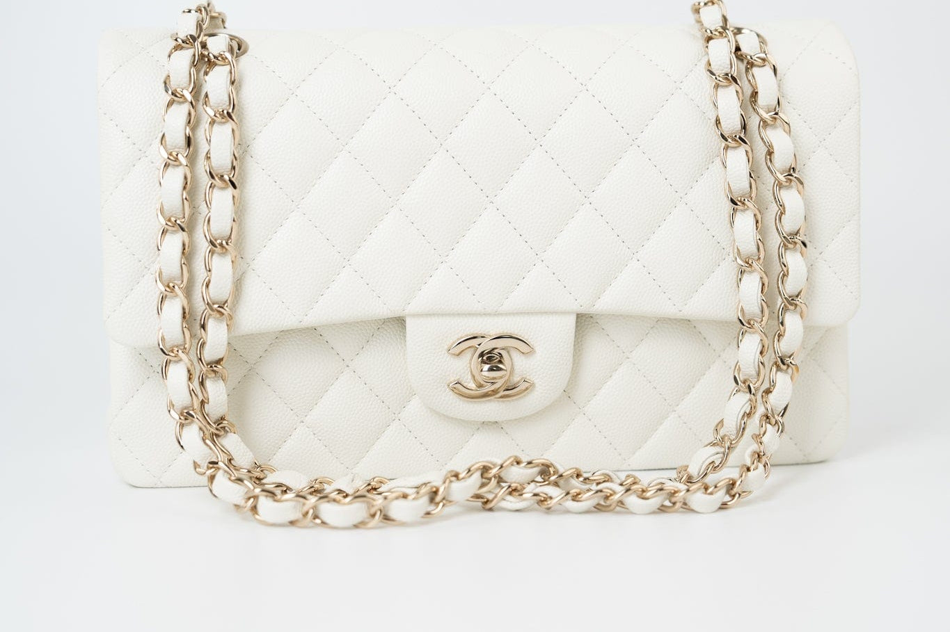 CHANEL Handbag 21A White/ Ivory Caviar Quilted Classic Flap Medium Light Gold Hardware - Redeluxe