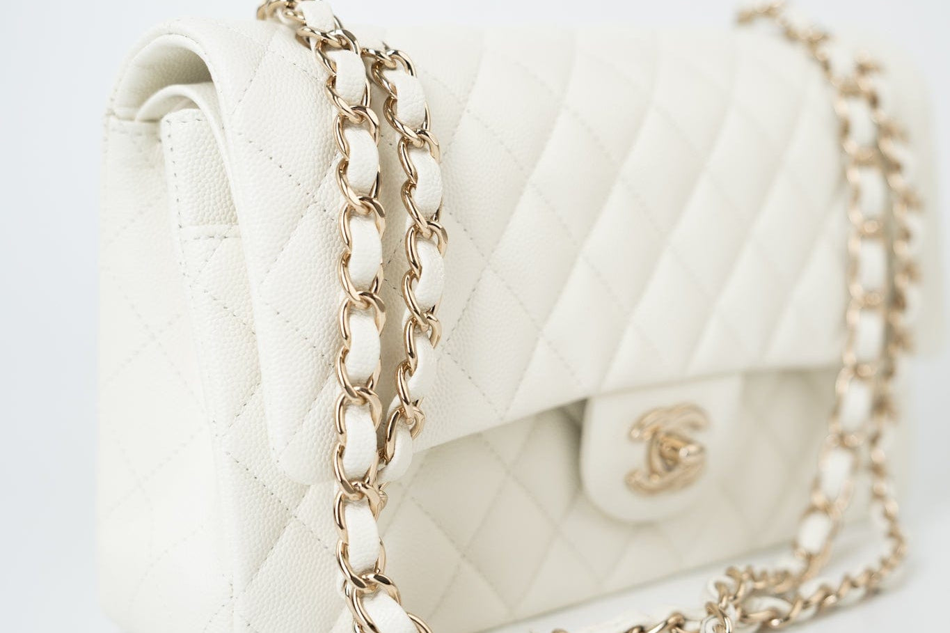 CHANEL Handbag 21A White/ Ivory Caviar Quilted Classic Flap Medium Light Gold Hardware - Redeluxe