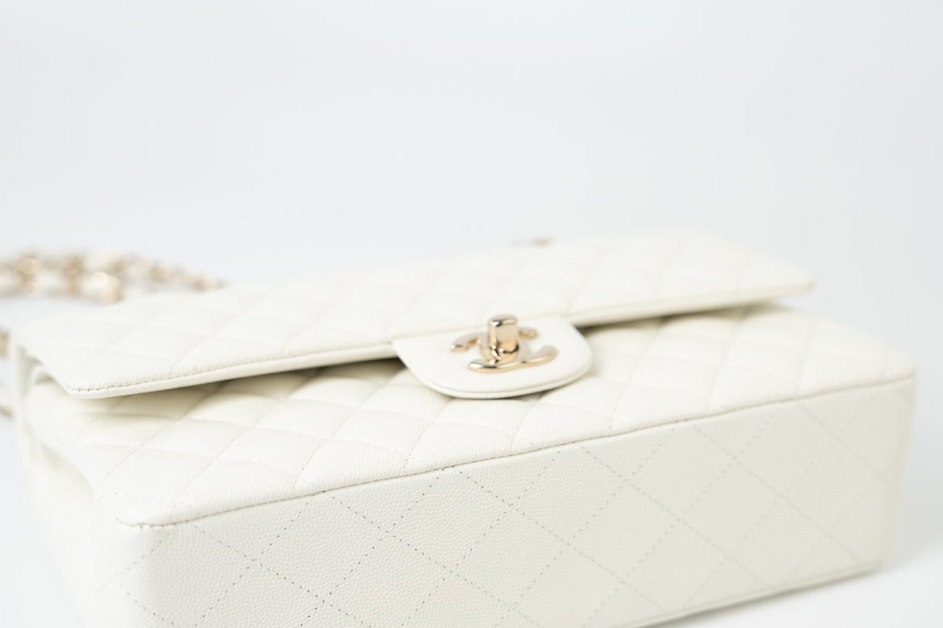 CHANEL Handbag 21A White/ Ivory Caviar Quilted Classic Flap Medium Light Gold Hardware - Redeluxe