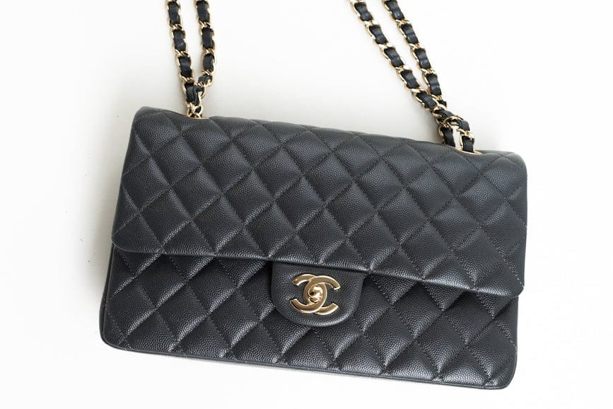 CHANEL Handbag 21B Grey Caviar Quilted Classic Flap Medium Light Gold Hardware - Redeluxe