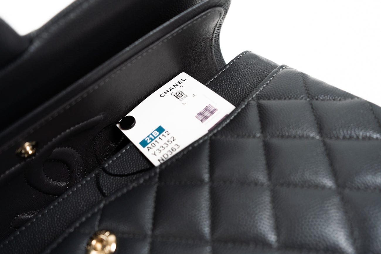 CHANEL Handbag 21B Grey Caviar Quilted Classic Flap Medium Light Gold Hardware - Redeluxe