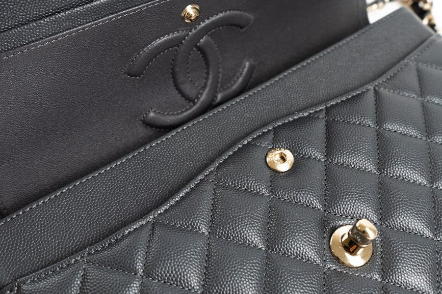 CHANEL Handbag 21B Grey Caviar Quilted Classic Flap Medium Light Gold Hardware - Redeluxe
