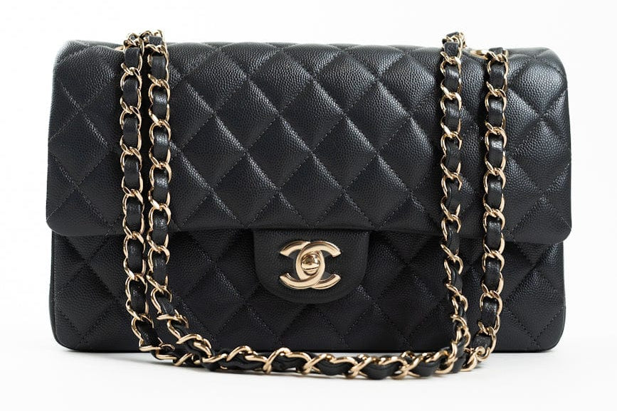 CHANEL Handbag 21B Grey Caviar Quilted Classic Flap Medium Light Gold Hardware - Redeluxe
