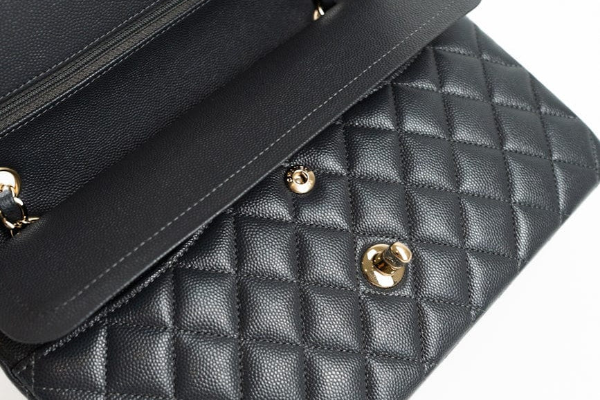 CHANEL Handbag 21B Grey Caviar Quilted Classic Flap Medium Light Gold Hardware - Redeluxe