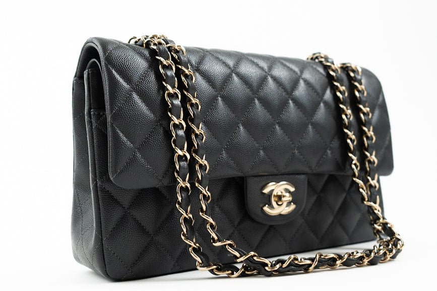 CHANEL Handbag 21B Grey Caviar Quilted Classic Flap Medium Light Gold Hardware - Redeluxe