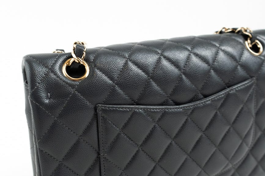 CHANEL Handbag 21B Grey Caviar Quilted Classic Flap Medium Light Gold Hardware - Redeluxe