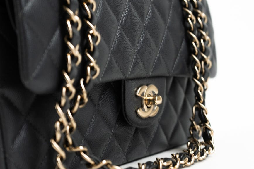 CHANEL Handbag 21B Grey Caviar Quilted Classic Flap Medium Light Gold Hardware - Redeluxe