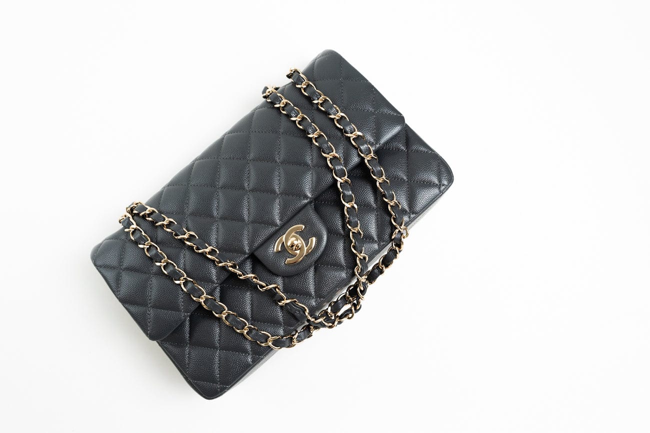 CHANEL Handbag 21B Grey Caviar Quilted Classic Flap Medium Light Gold Hardware - Redeluxe