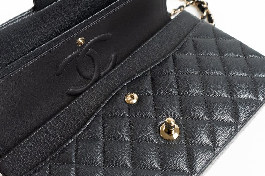 CHANEL Handbag 21B Grey Caviar Quilted Classic Flap Medium Light Gold Hardware - Redeluxe
