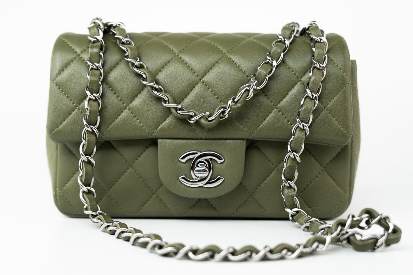CHANEL Handbag 21B Military Green Lambskin Quilted Mini Rectangular Single Silver Hardware - Redeluxe