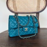 CHANEL Handbag 21C Dark Teal Caviar Quilted Classic Double Flap Small Light Gold Hardware - Redeluxe