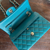 CHANEL Handbag 21C Dark Teal Caviar Quilted Classic Double Flap Small Light Gold Hardware - Redeluxe