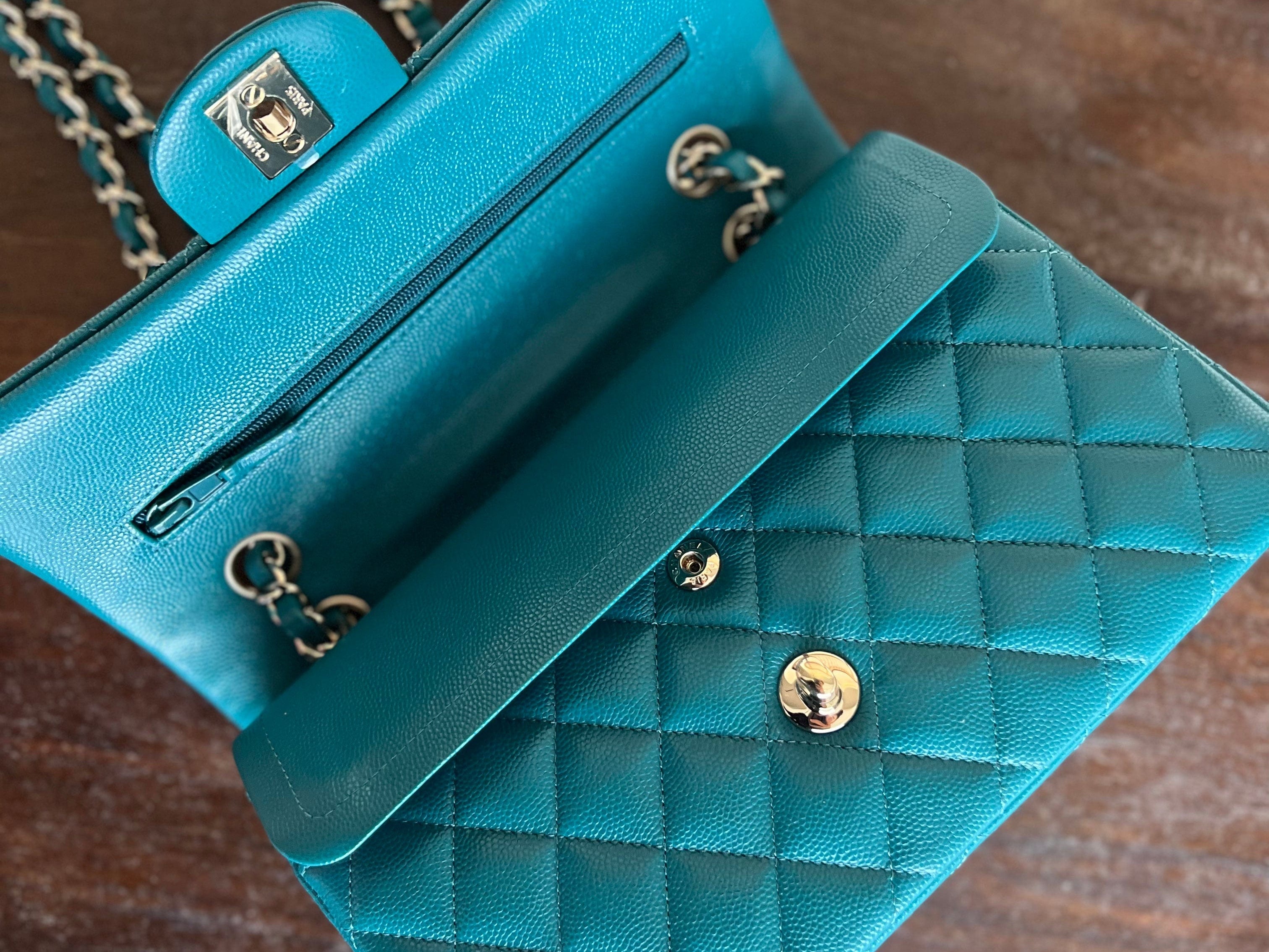 CHANEL Handbag 21C Dark Teal Caviar Quilted Classic Double Flap Small Light Gold Hardware - Redeluxe