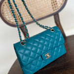 CHANEL Handbag 21C Dark Teal Caviar Quilted Classic Double Flap Small Light Gold Hardware - Redeluxe