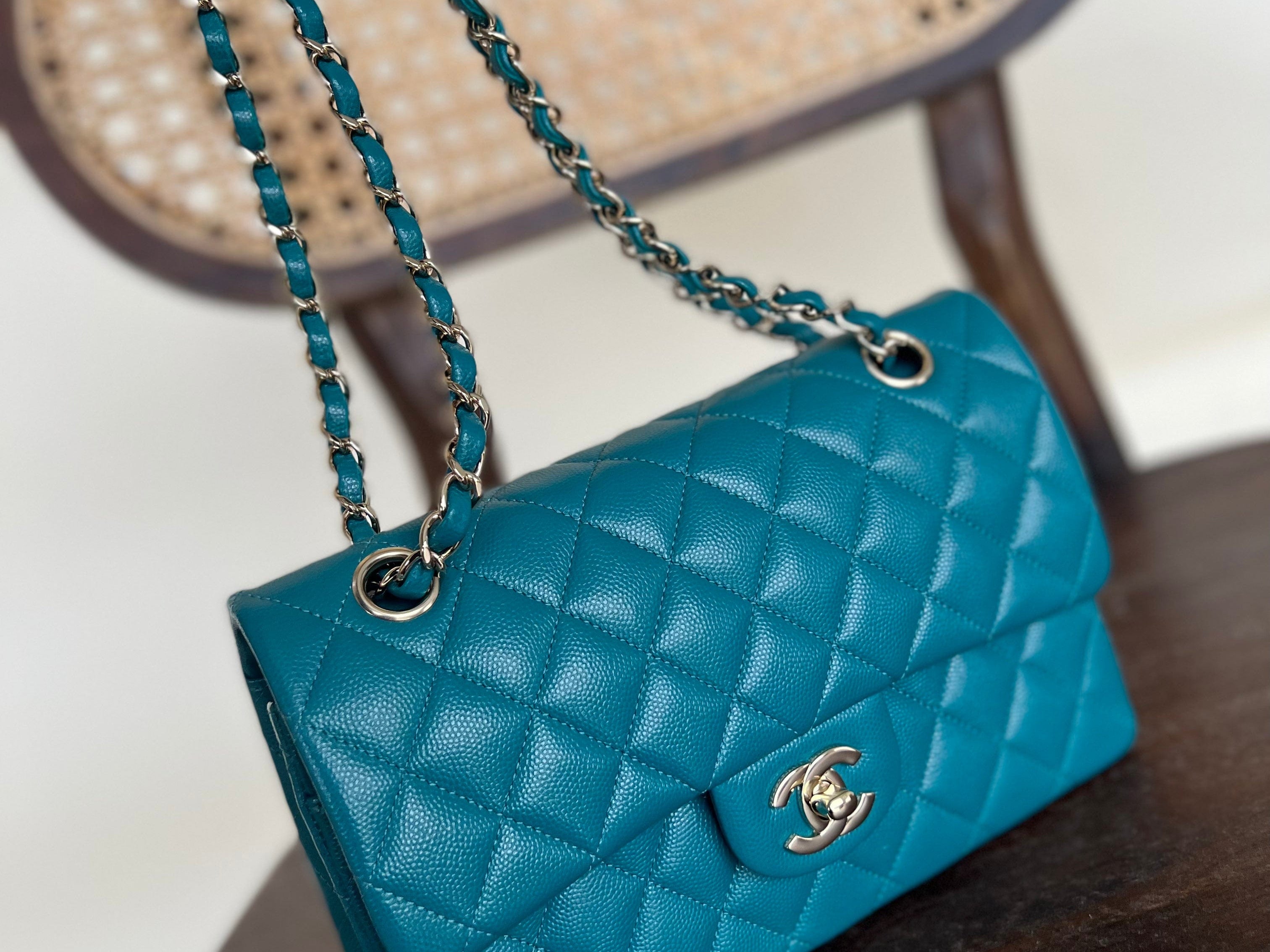 CHANEL Handbag 21C Dark Teal Caviar Quilted Classic Double Flap Small Light Gold Hardware - Redeluxe