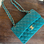 CHANEL Handbag 21C Dark Teal Caviar Quilted Classic Double Flap Small Light Gold Hardware - Redeluxe