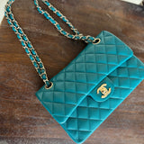 CHANEL Handbag 21C Dark Teal Caviar Quilted Classic Double Flap Small Light Gold Hardware - Redeluxe