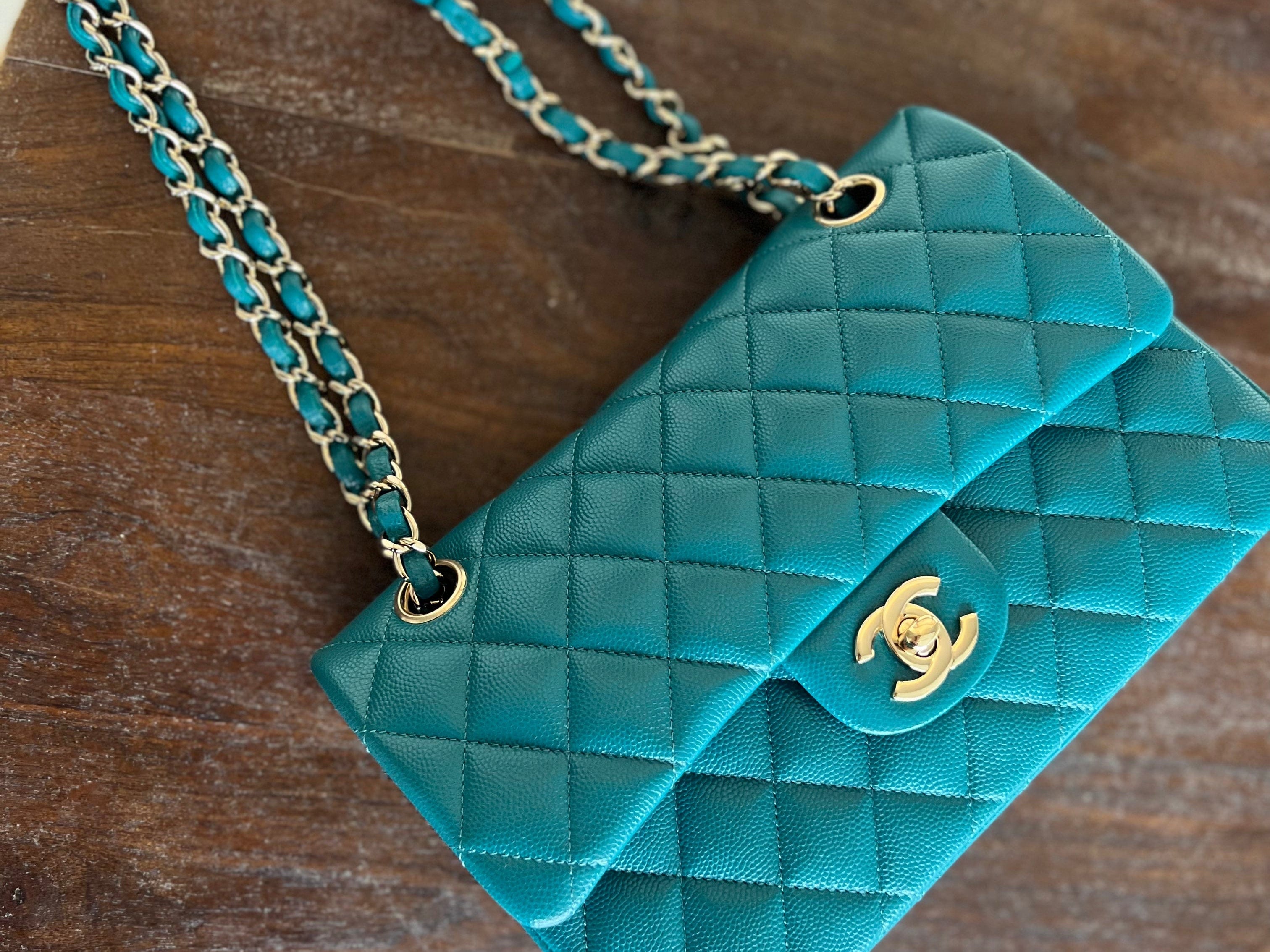 CHANEL Handbag 21C Dark Teal Caviar Quilted Classic Double Flap Small Light Gold Hardware - Redeluxe