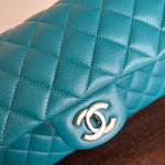 CHANEL Handbag 21C Dark Teal Caviar Quilted Classic Double Flap Small Light Gold Hardware - Redeluxe