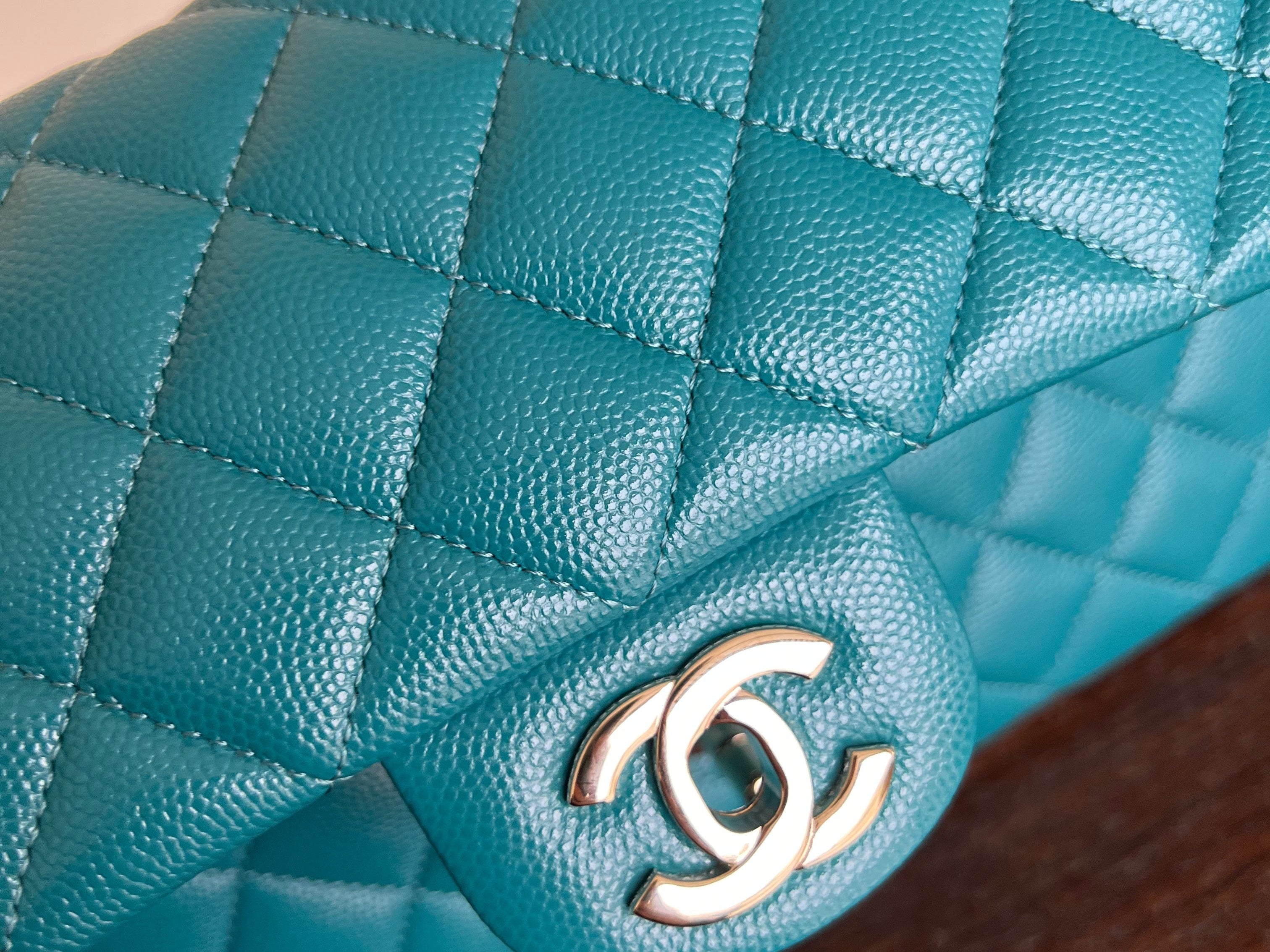 CHANEL Handbag 21C Dark Teal Caviar Quilted Classic Double Flap Small Light Gold Hardware - Redeluxe