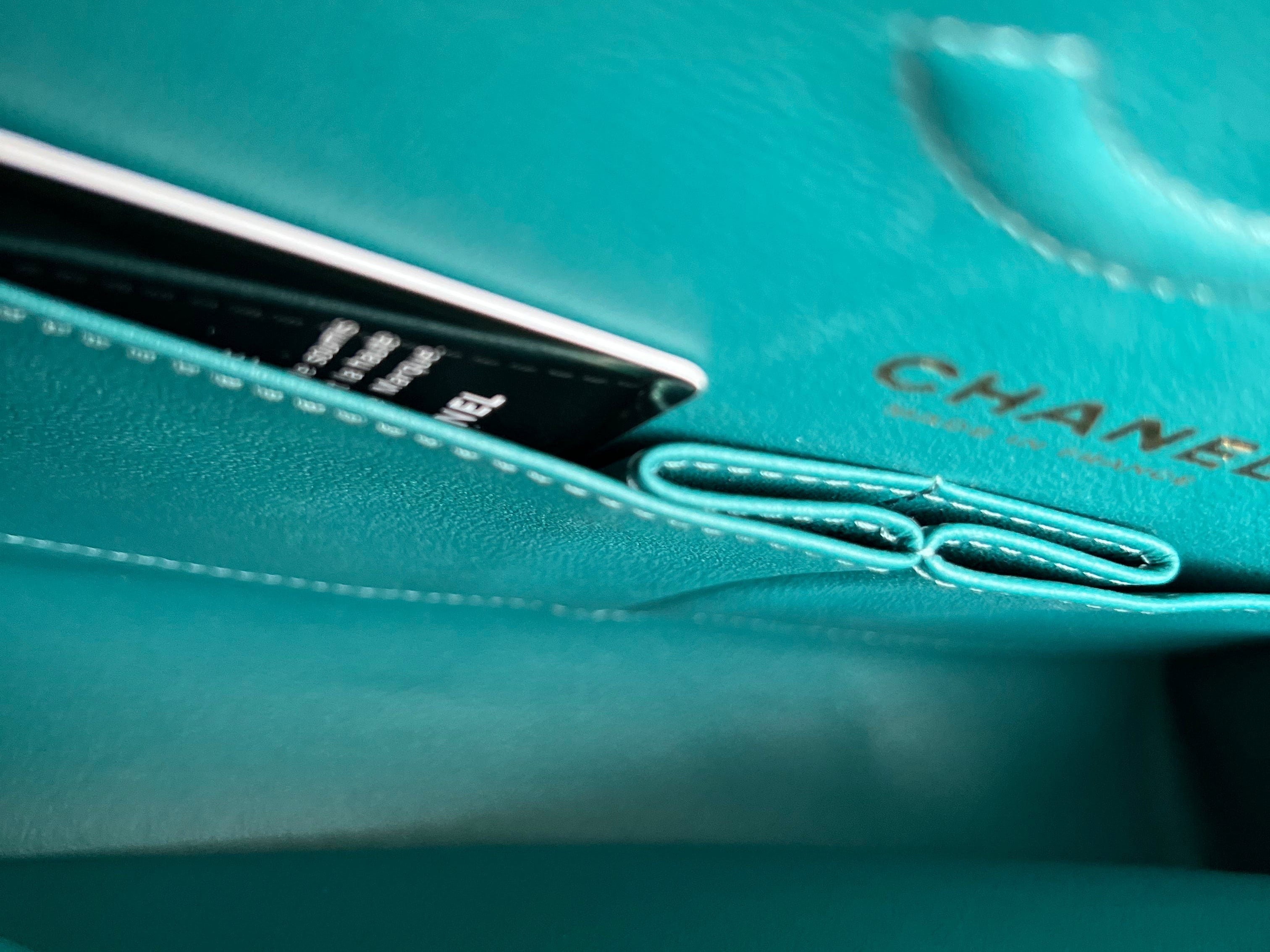 CHANEL Handbag 21C Dark Teal Caviar Quilted Classic Double Flap Small Light Gold Hardware - Redeluxe