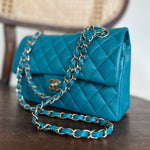 CHANEL Handbag 21C Dark Teal Caviar Quilted Classic Double Flap Small Light Gold Hardware - Redeluxe