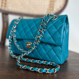CHANEL Handbag 21C Dark Teal Caviar Quilted Classic Double Flap Small Light Gold Hardware - Redeluxe