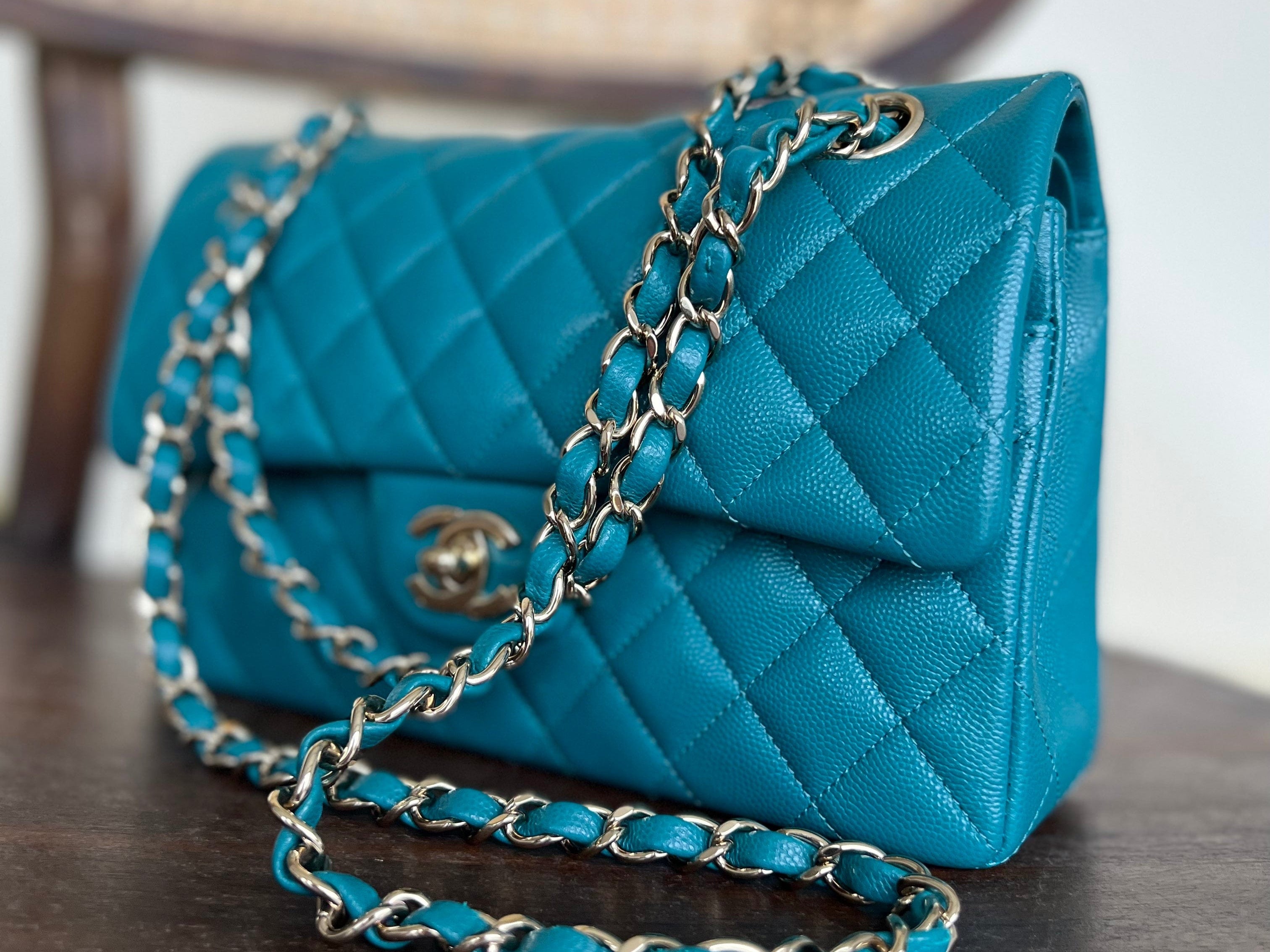 CHANEL Handbag 21C Dark Teal Caviar Quilted Classic Double Flap Small Light Gold Hardware - Redeluxe