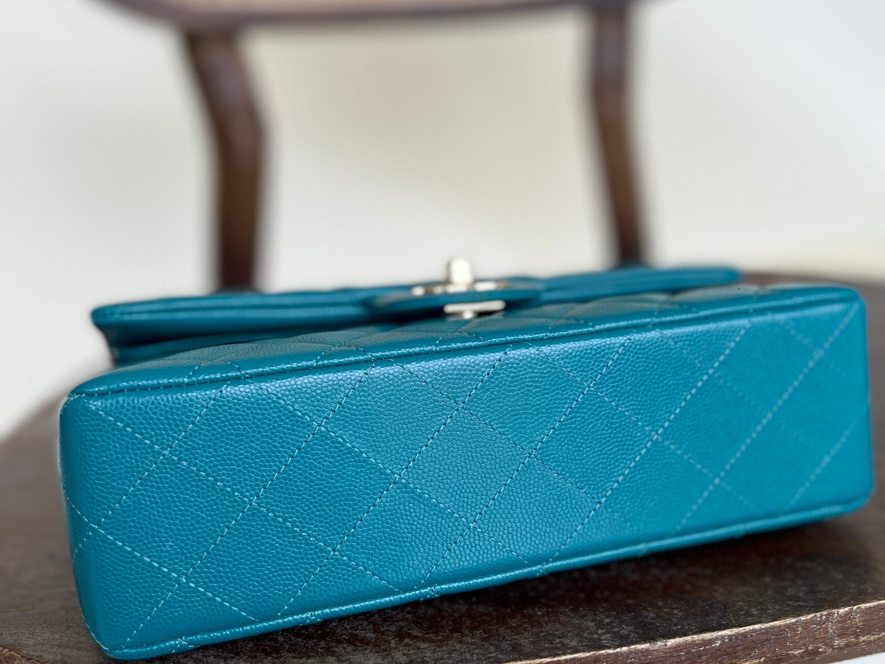 CHANEL Handbag 21C Dark Teal Caviar Quilted Classic Double Flap Small Light Gold Hardware - Redeluxe