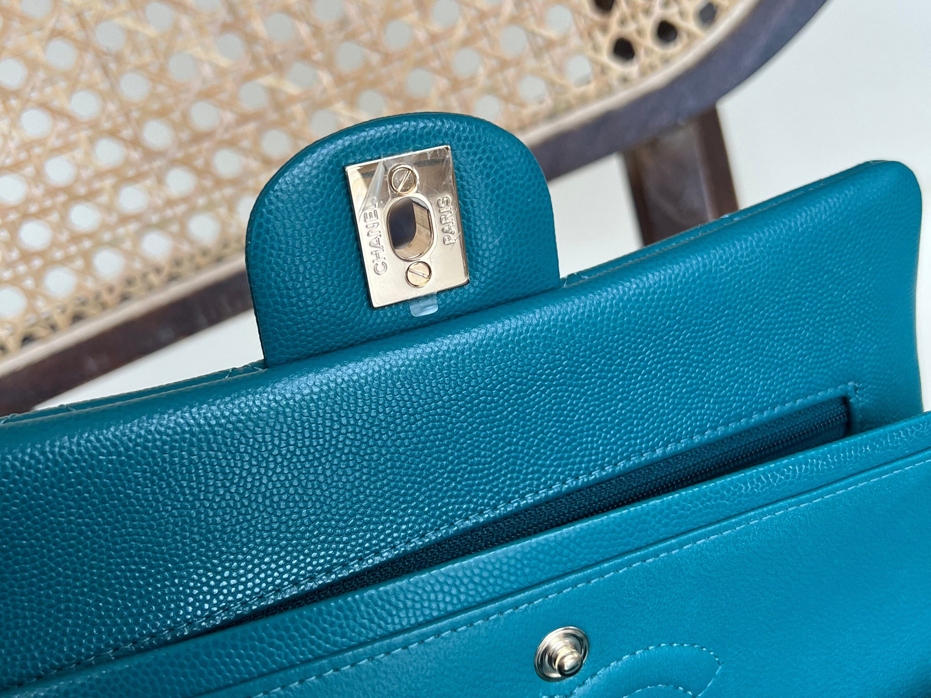 CHANEL Handbag 21C Dark Teal Caviar Quilted Classic Double Flap Small Light Gold Hardware - Redeluxe