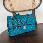 CHANEL Handbag 21C Dark Teal Caviar Quilted Classic Double Flap Small Light Gold Hardware - Redeluxe