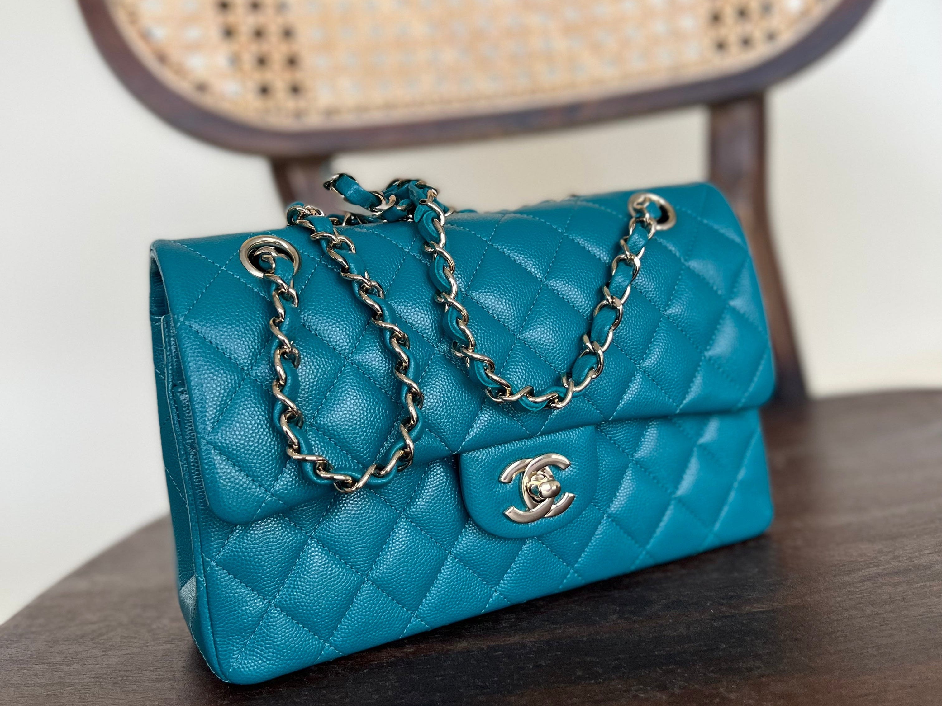 CHANEL Handbag 21C Dark Teal Caviar Quilted Classic Double Flap Small Light Gold Hardware - Redeluxe