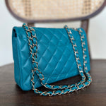 CHANEL Handbag 21C Dark Teal Caviar Quilted Classic Double Flap Small Light Gold Hardware - Redeluxe