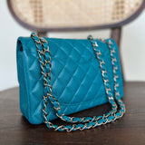 CHANEL Handbag 21C Dark Teal Caviar Quilted Classic Double Flap Small Light Gold Hardware - Redeluxe