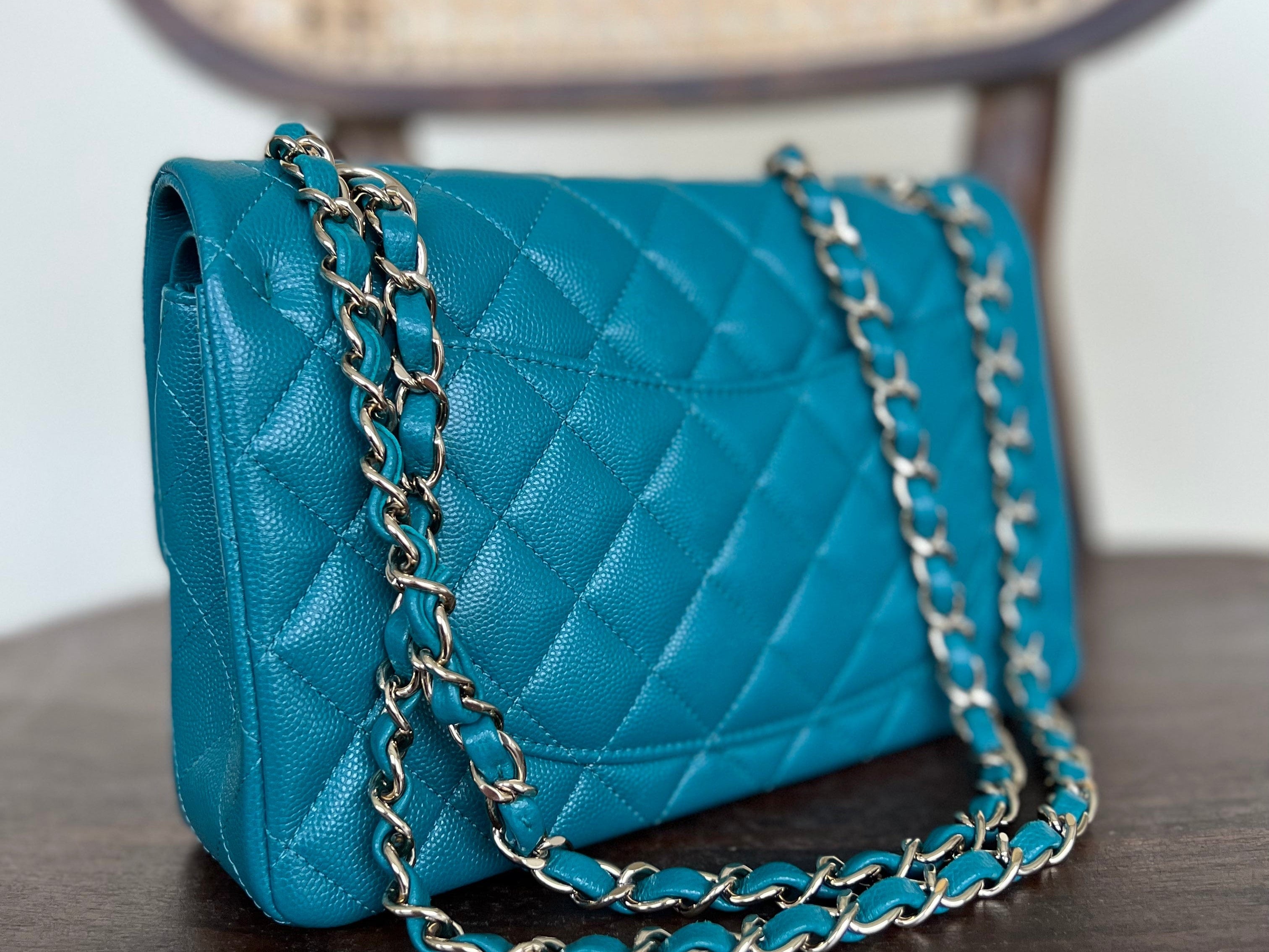 CHANEL Handbag 21C Dark Teal Caviar Quilted Classic Double Flap Small Light Gold Hardware - Redeluxe