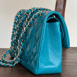 CHANEL Handbag 21C Dark Teal Caviar Quilted Classic Double Flap Small Light Gold Hardware - Redeluxe
