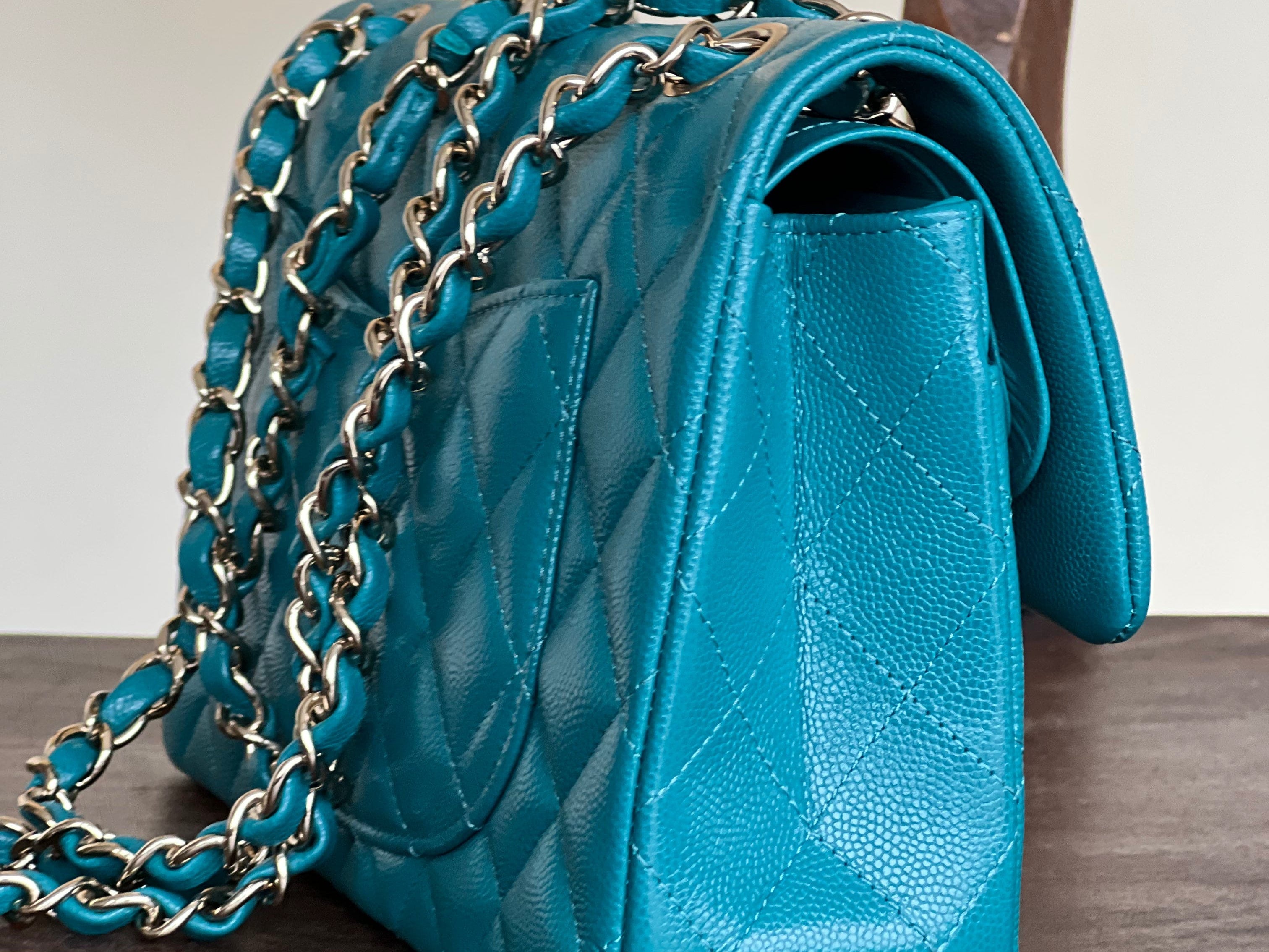 CHANEL Handbag 21C Dark Teal Caviar Quilted Classic Double Flap Small Light Gold Hardware - Redeluxe