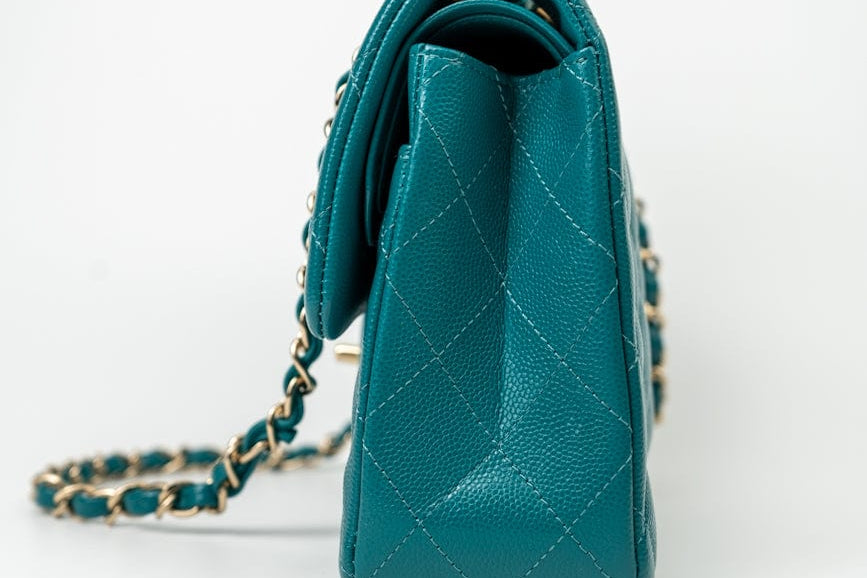 CHANEL Handbag 21C Dark Teal Caviar Quilted Classic Double Flap Small Light Gold Hardware - Redeluxe