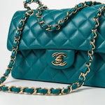 CHANEL Handbag 21C Dark Teal Caviar Quilted Classic Double Flap Small Light Gold Hardware - Redeluxe