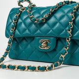 CHANEL Handbag 21C Dark Teal Caviar Quilted Classic Double Flap Small Light Gold Hardware - Redeluxe